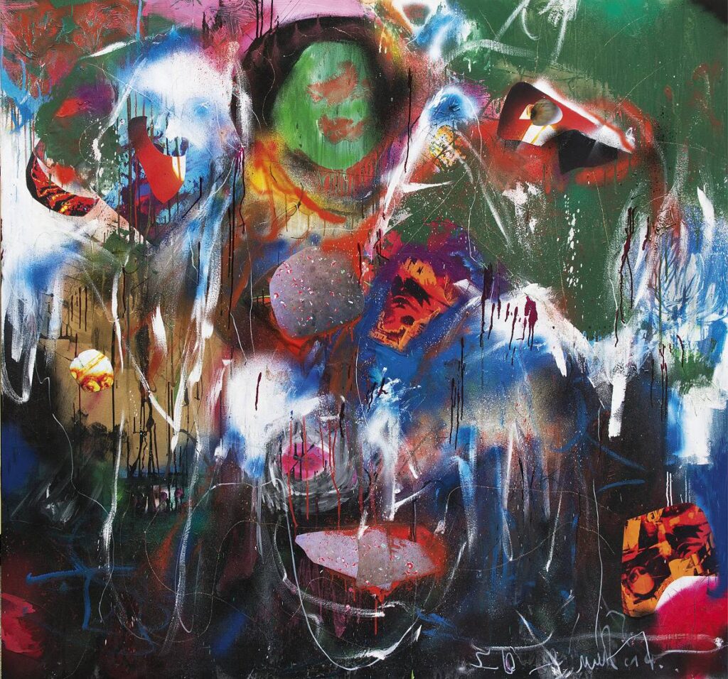 Ghosts of the void, 2014, kombinovaná technika(akryl, email, spray a koláž)na plátně, 180 x 175 cm
