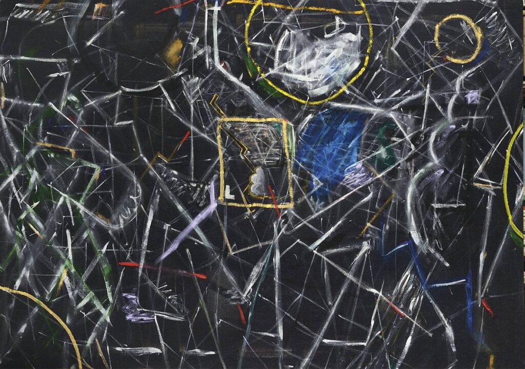 Walking man(cubism version), 2014, kombinovaná technika na látce, 150 x 220 cm.