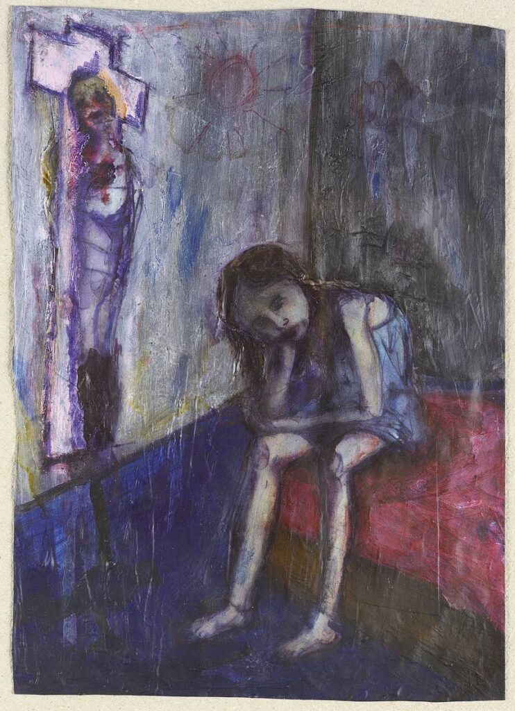 Dívka a kříž, 2014, akryl na papíře, 26,7 x 19,3 cm