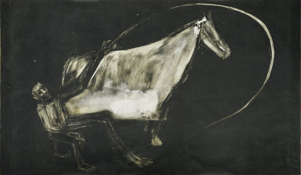 Kůň a muž s bičem, monotyp na papíře, 91,4 x 150 cm