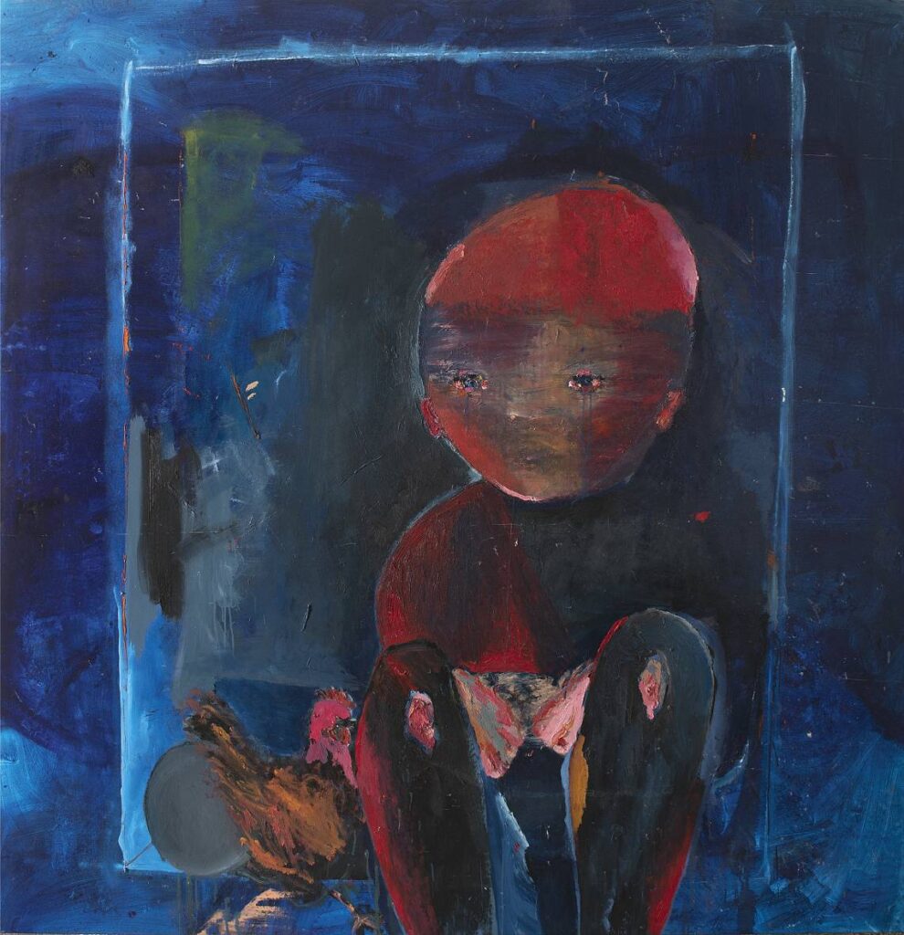 Chlapeček se slepicí, 2020, olej na plátně, 180 x 140 cm